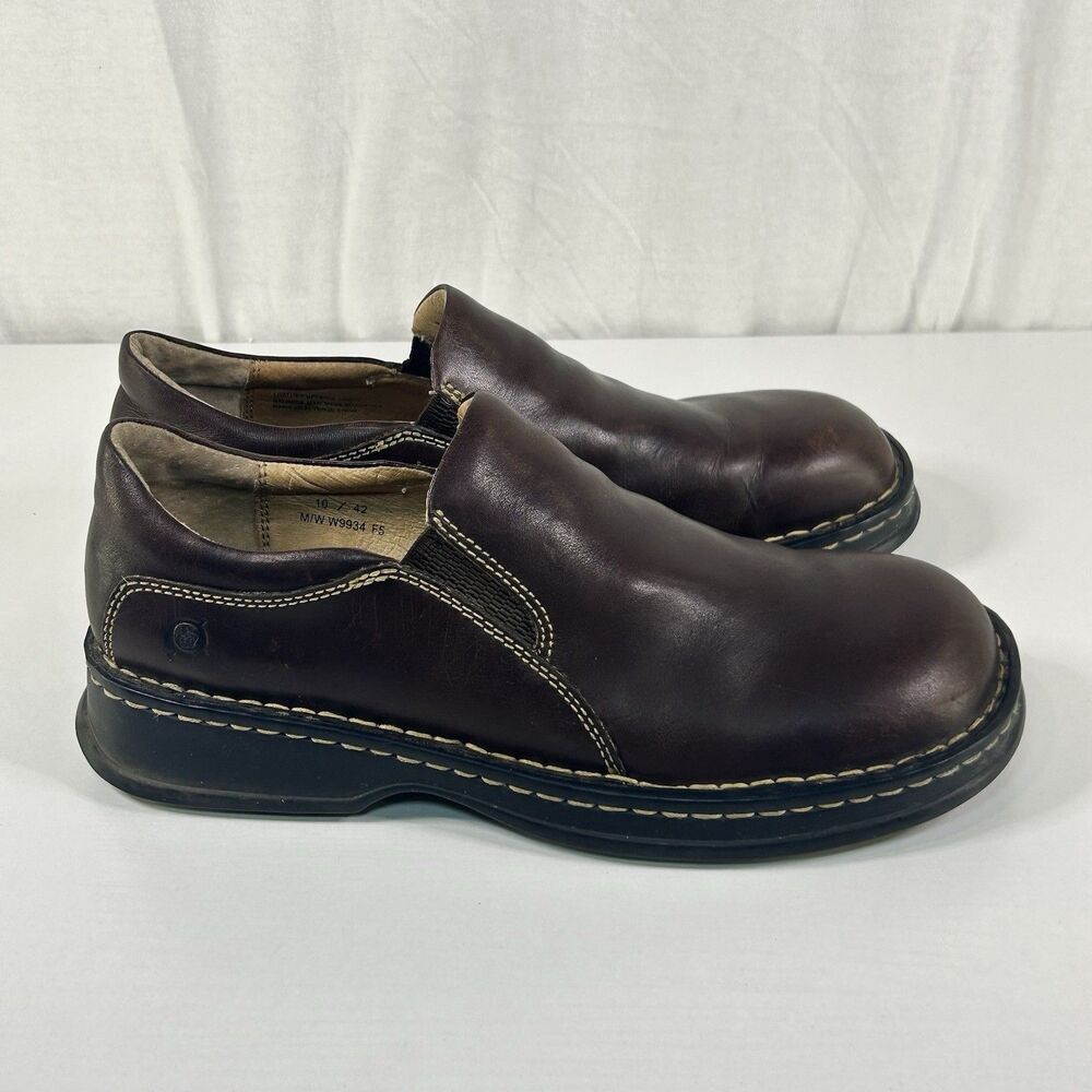 BORN Womens W9934 Brown Leather Round Toe Slip On Comfort Clog Loafer Shoes  10